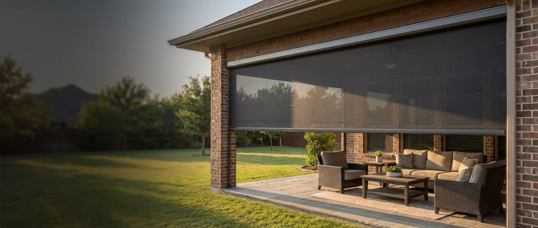 Covered patio with a motorized retractable screen part-way down, side tracks visible and the motor housing across the head of the opening