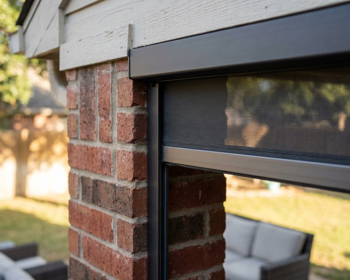 Close detail of a motorized screen's head housing meeting the vertical side track on a brick patio post, with the mesh held flat under tension and the bottom bar partway down